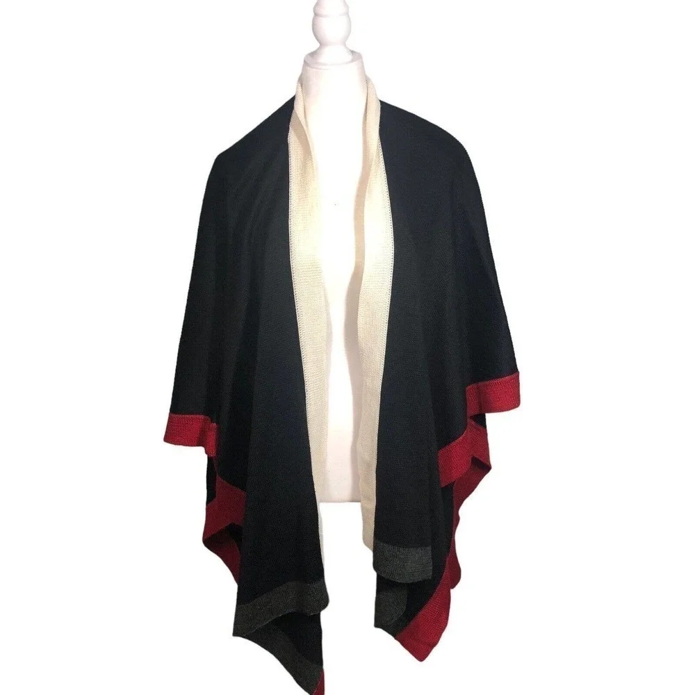 Coldwater Creek Poncho‎ Womens One Size Ruana Wrap Black Red Colorblock Wool New